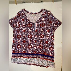 Artisan Ny Red and Blue Geometric Short Sleeve Top